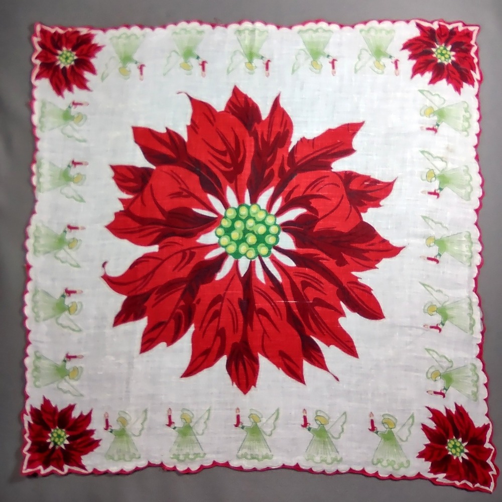 Vintage Christmas Handkerchief Giant Poinsettia Angel Hankie 15x15 - Picture 2 of 5